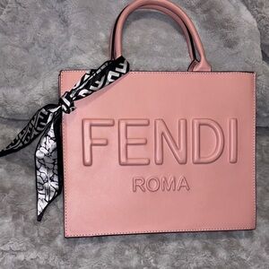 Fendi Pink Tote Bag with Embossed Logo and Silk Scarf